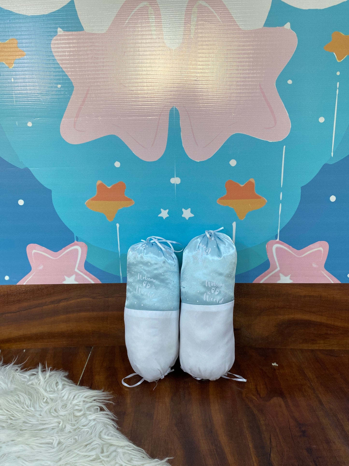 12 Pieces Silk Bed Set”Welcome to the world “ Sky Blue"