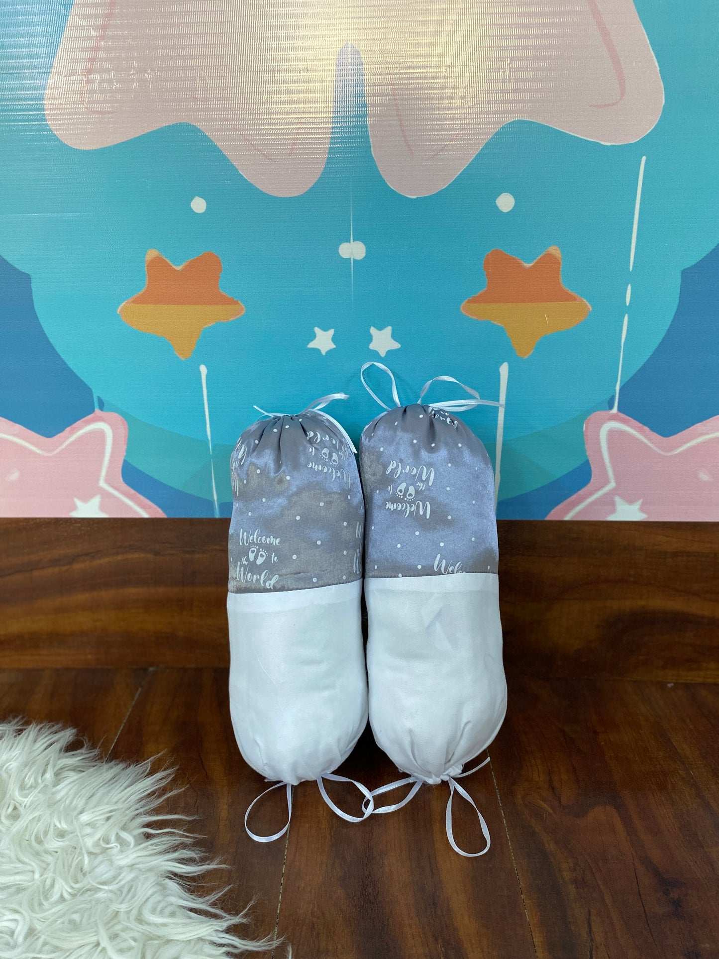 12 Pieces Silk Bed Set”Welcome to the world “ Grey