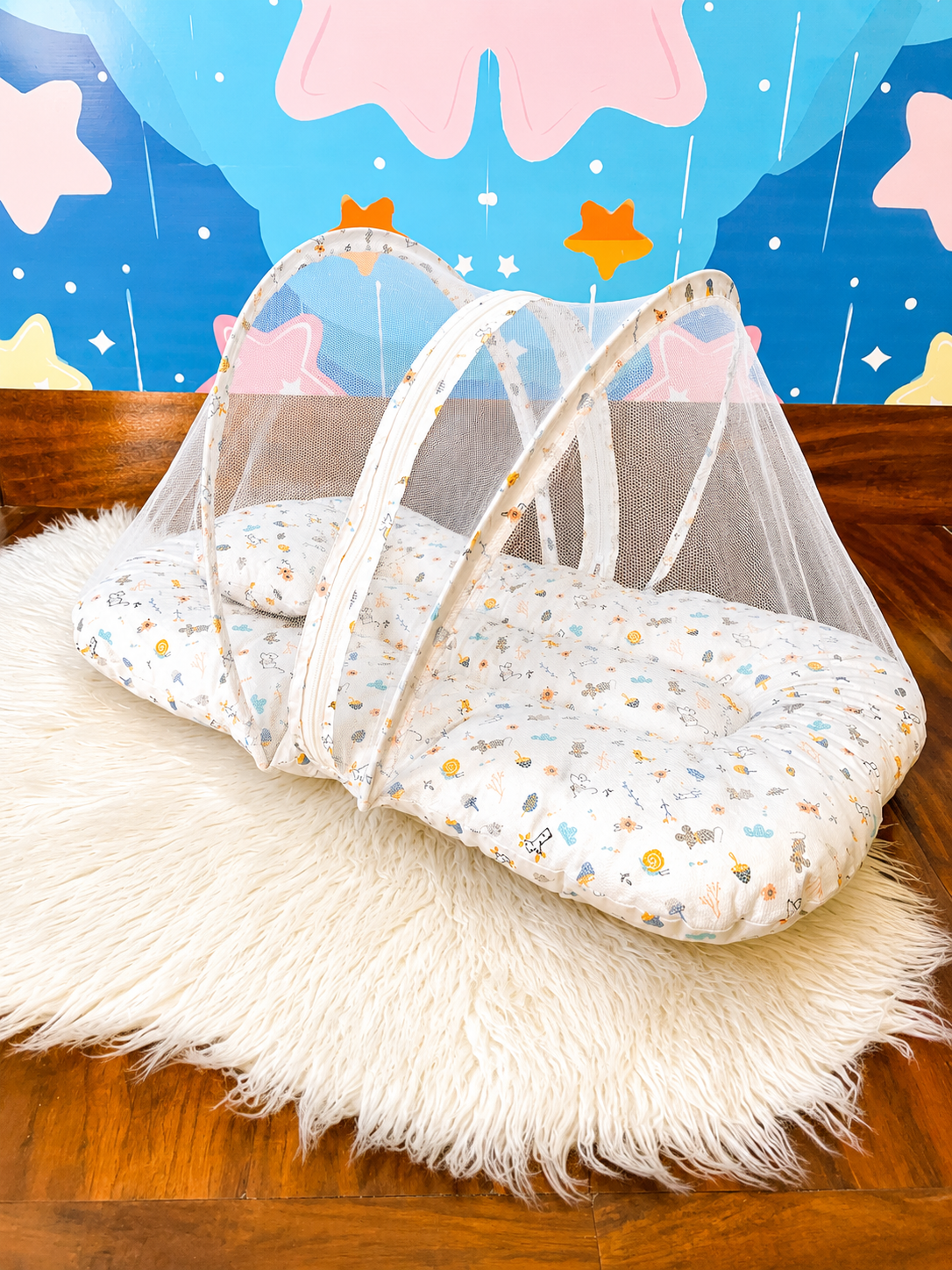 Premium Mosquito Bednet-White with Mini Animal Print