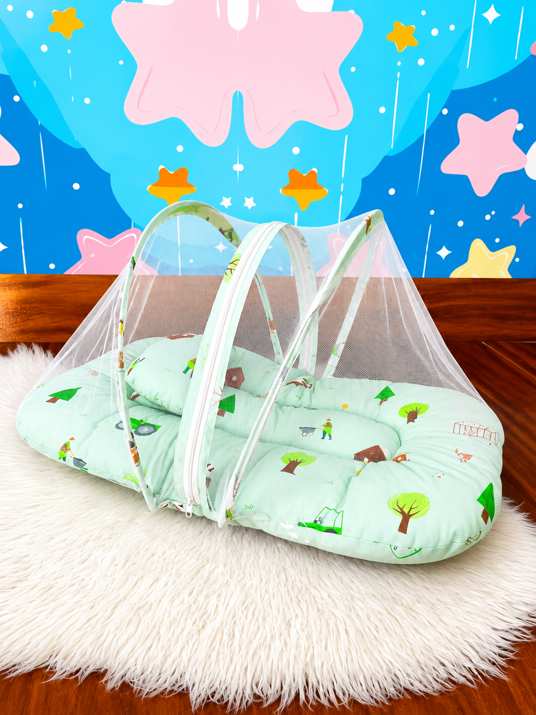Premium Mosquito Bednet-Mint Green with Forest/Tree Print