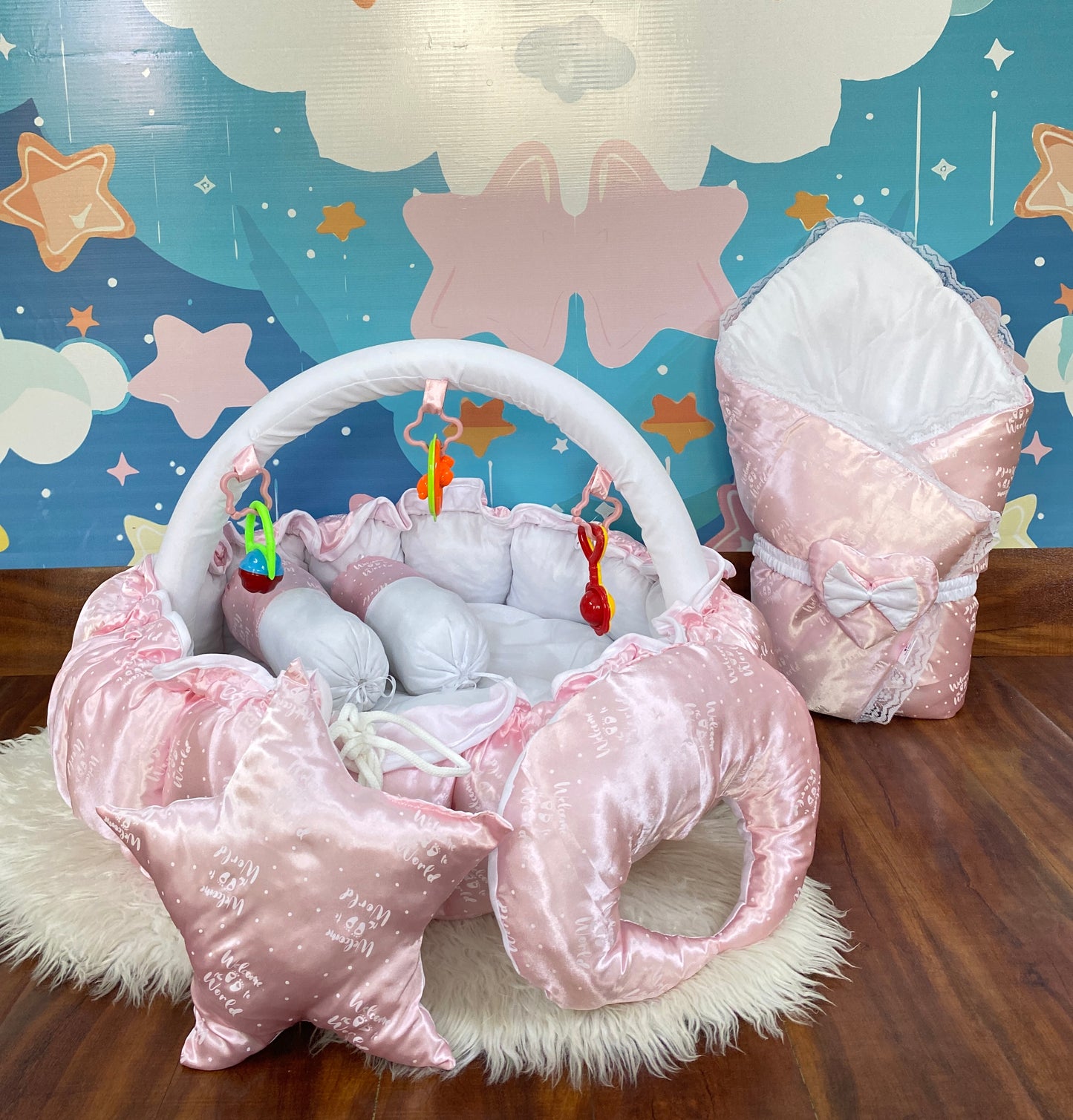 12 Pieces Silk Bed Set”Welcome to the world “ Baby Pink