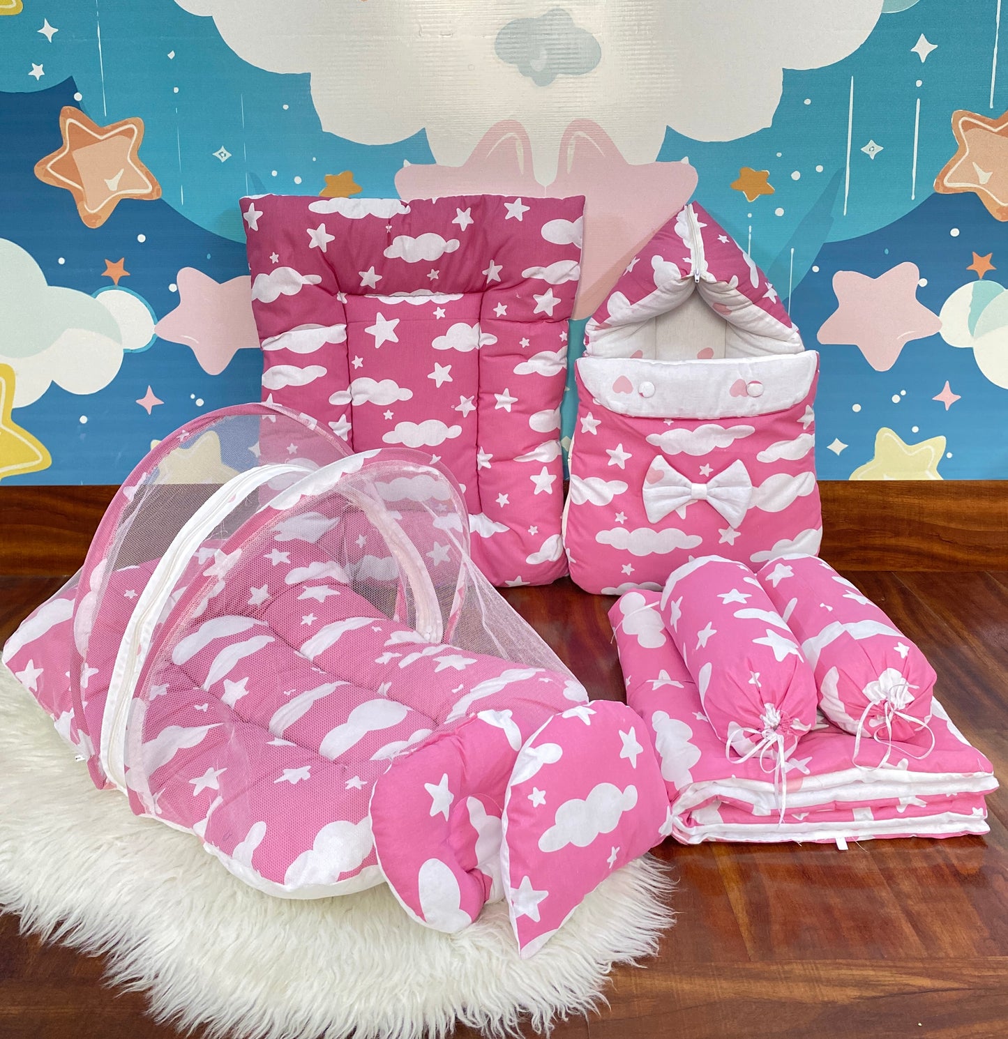 8 Pieces Bedding Set - Pink Clouds