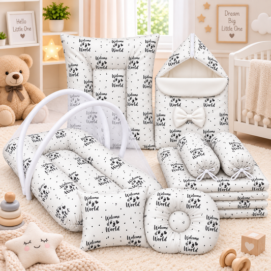 8 Pcs Bedding set Silk welcome to the world | White