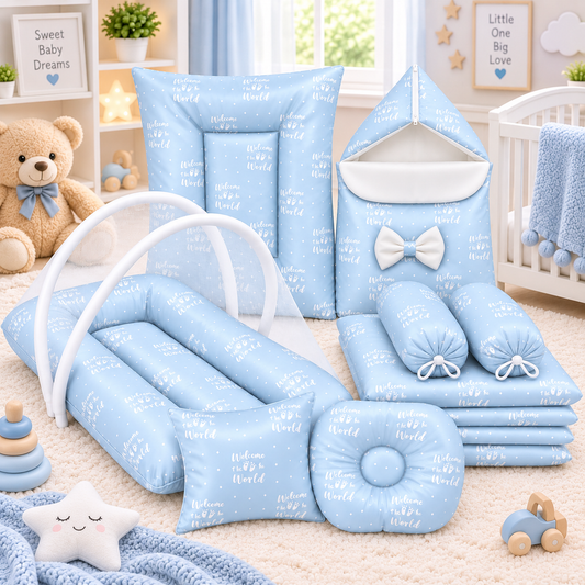 8 Pcs Bedding set Silk Welcome to the World | Blue