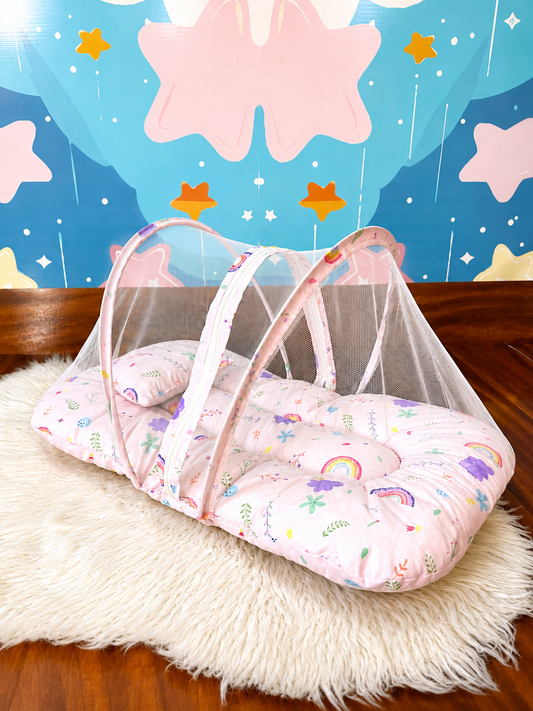 Baby Premium Mosquito Bednet- Light Pink with Rainbow Print.