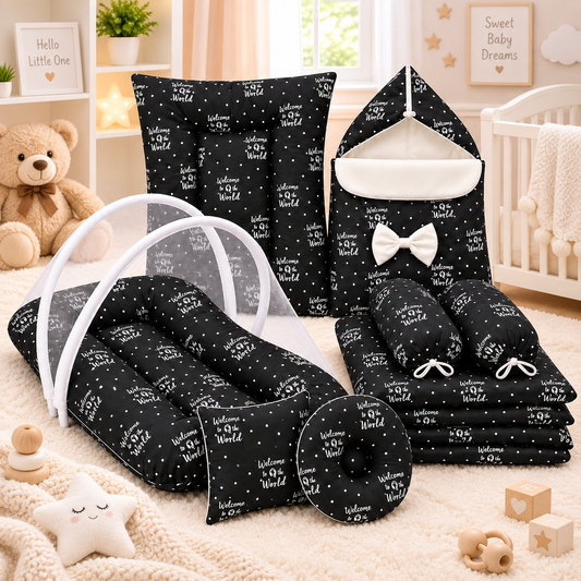 8 Pcs Bedding Set Silk Welcome to the world | Black