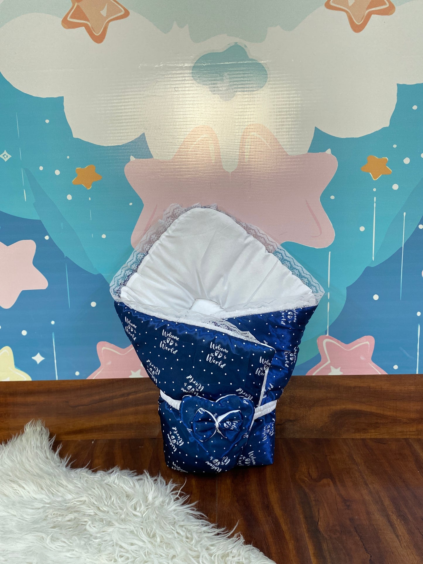 12 Pieces Silk Bed Set”Welcome to the world “ Navy Blue