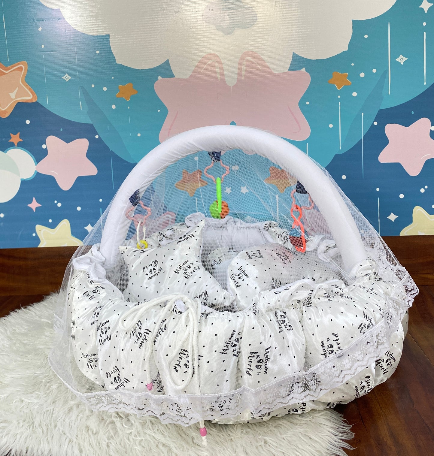 12 Pieces Silk Bed Set”Welcome to the world “ White & Black”