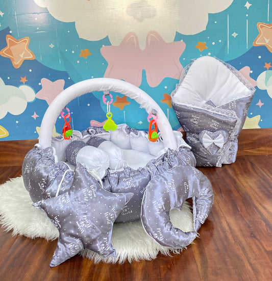 12 Pieces Silk Bed Set”Welcome to the world “ Grey