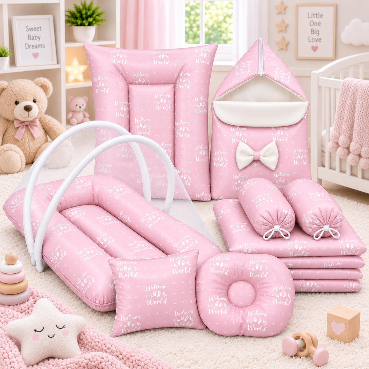 8 Pcs bedding Set Silk Welcome to the world | Baby Pink