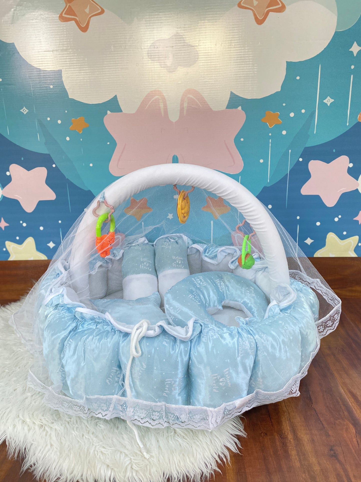 12 Pieces Silk Bed Set”Welcome to the world “ Sky Blue"