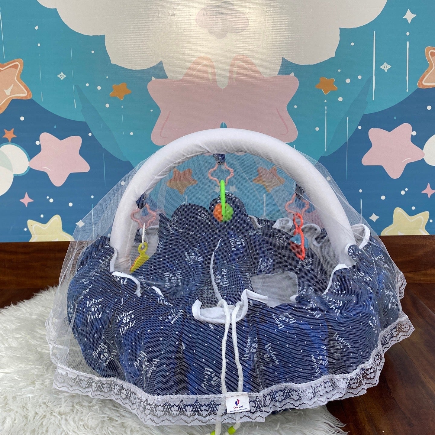 12 Pieces Silk Bed Set”Welcome to the world “ Navy Blue