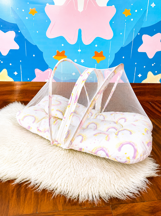 Premium mosquito Bednet-White with Pastel Rainbow Print