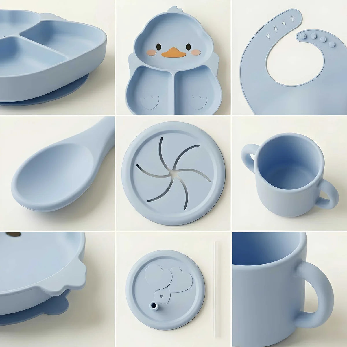 Silicon Baby Feeding Set 8Pcs Blue Duck shape.