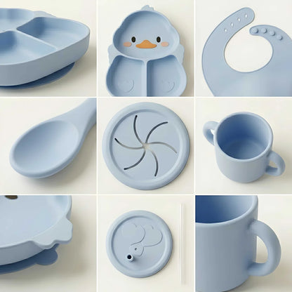 Silicon Baby Feeding Set 8Pcs Blue Duck shape.