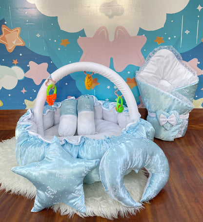 12 Pieces Silk Bed Set”Welcome to the world “ Sky Blue"