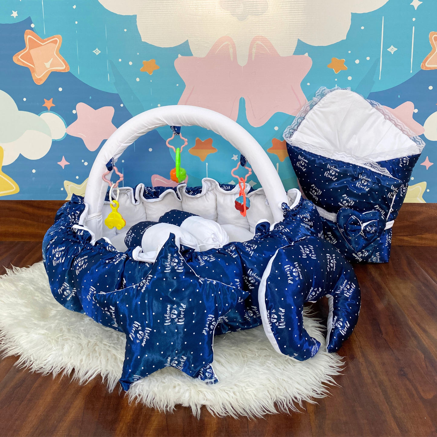 12 Pieces Silk Bed Set”Welcome to the world “ Navy Blue