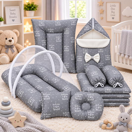 8 Pcs Bedding Set Silk Welcome to the World | Grey