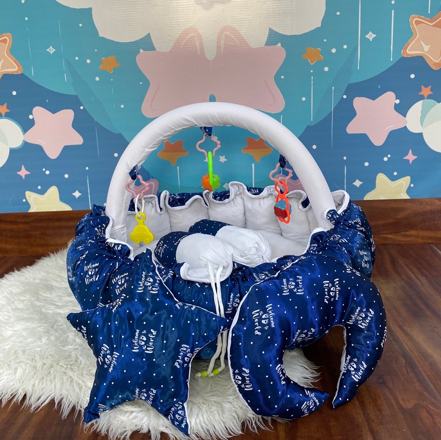 12 Pieces Silk Bed Set”Welcome to the world “ Navy Blue