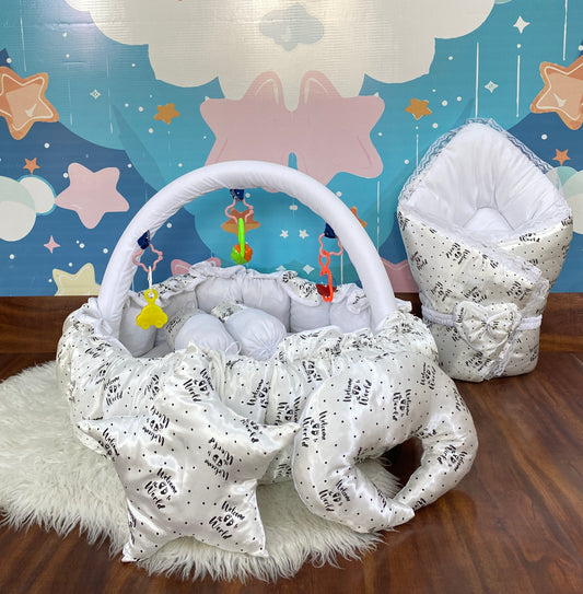 12 Pieces Silk Bed Set”Welcome to the world “ White & Black”